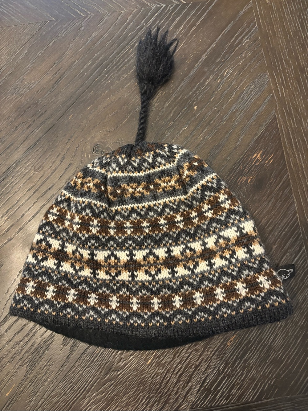 Men's Fair Isle Knit Beanie with Braided Tassel - Grey Brown White